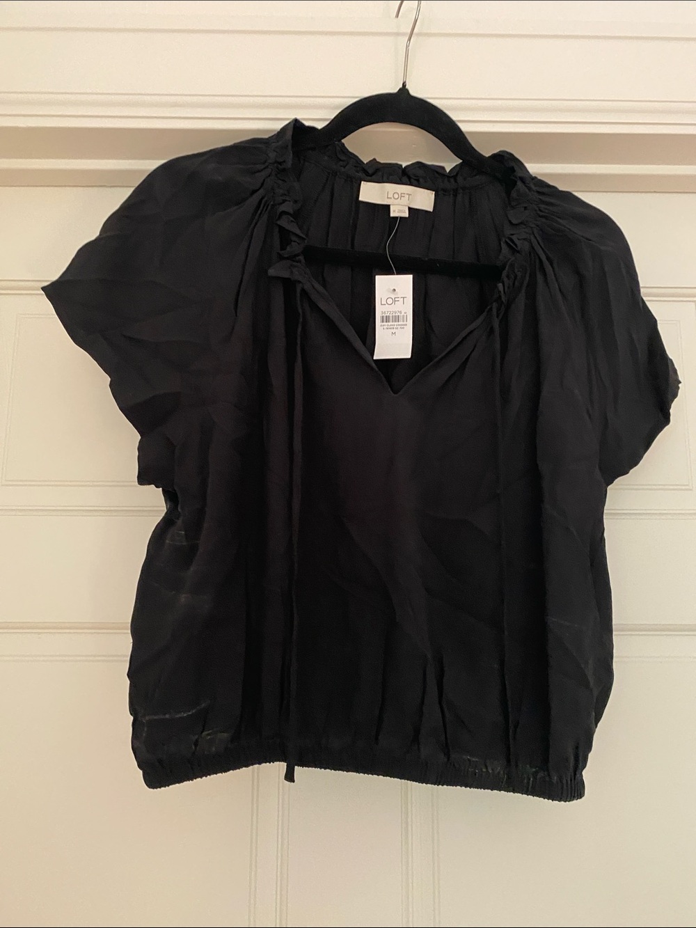 LOFT Black Ruffle-Trim Short Sleeve V-Neck Blouse